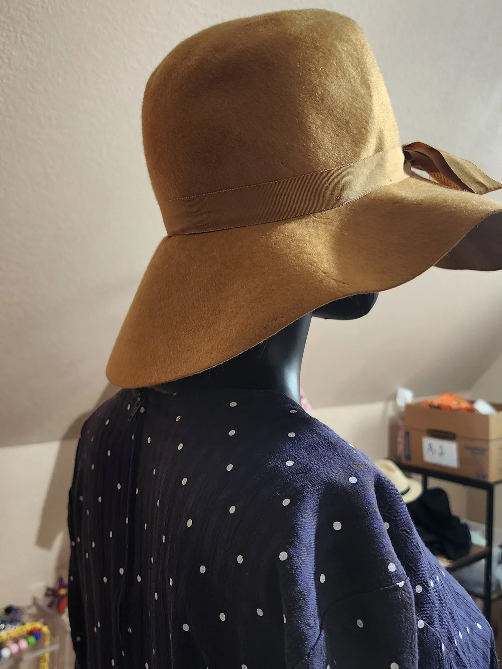 Vintage Wool Wide-Brim Hat with Ribbon Bow - Yellow - Picture 4 of 13